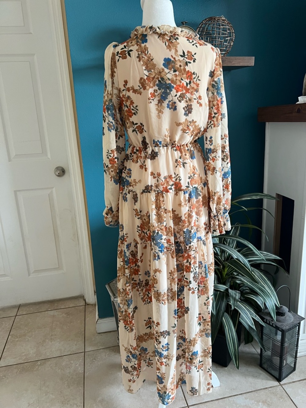 Amazon Cream Cottagecore Floral Ruffle V-Neck Maxi Dress - Picture 2 of 3